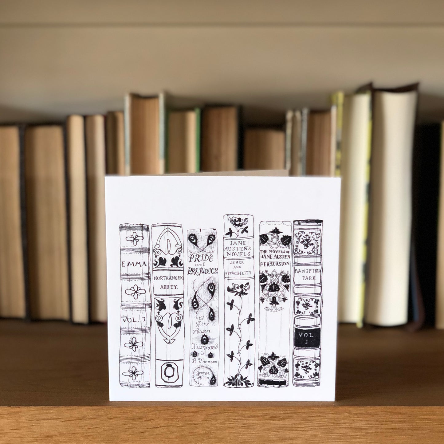 Jane Austen collection greetings card featuring Pride and Prejudice, Sense and Sensibility, Emma