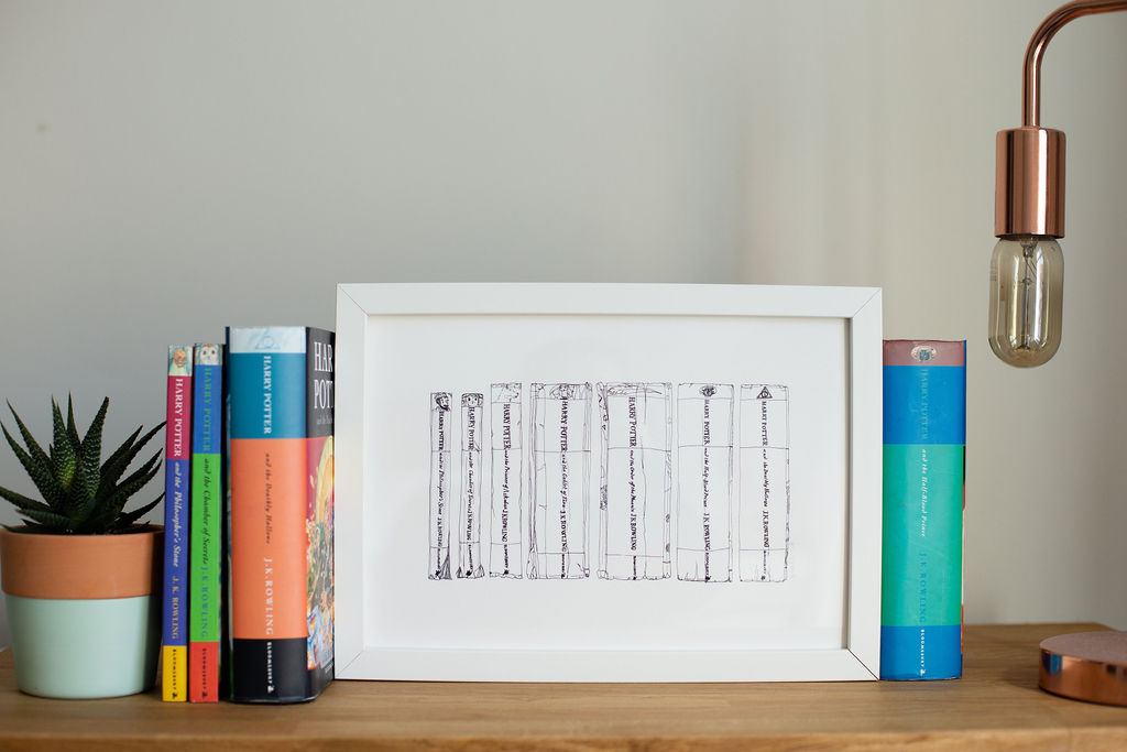 Magical childhood Novels Book Spine Ink Drawing Art print