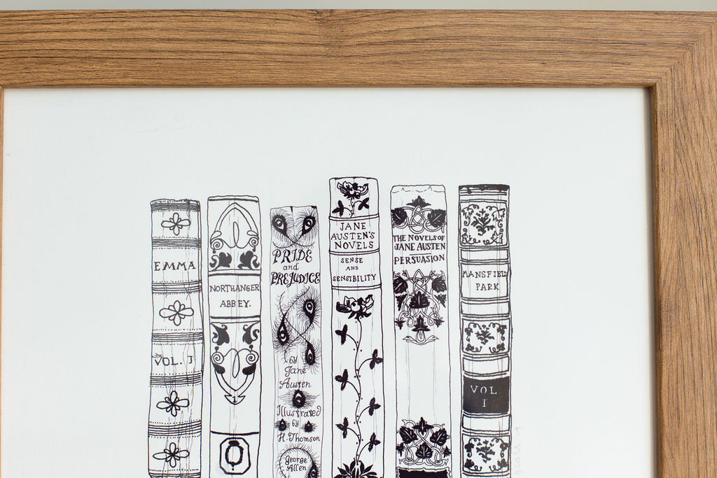 Jane Austen Novels Book Spine Ink Drawing Art print in Monochrome