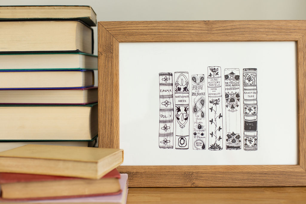 Jane Austen Novels Book Spine Ink Drawing Art print in Monochrome