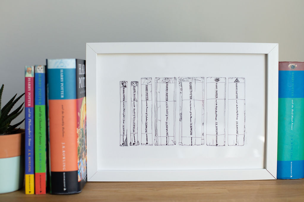 Magical childhood Novels Book Spine Ink Drawing Art print