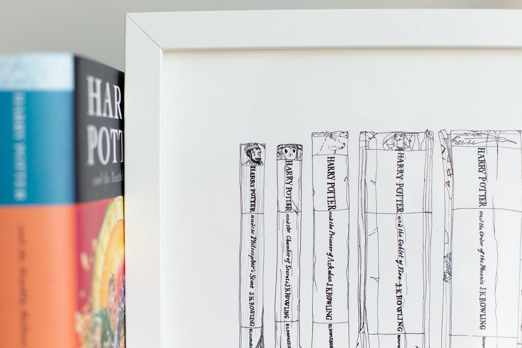 Magical childhood Novels Book Spine Ink Drawing Art print