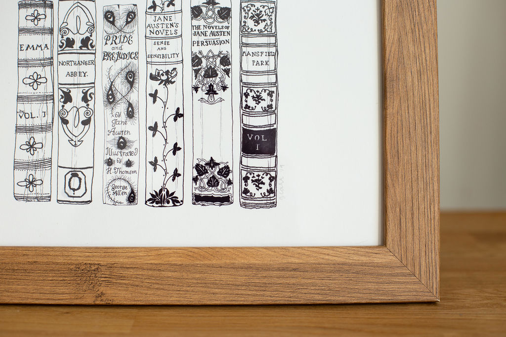 Jane Austen Novels Book Spine Ink Drawing Art print in Monochrome