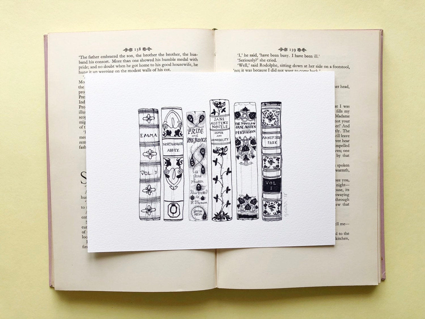 Jane Austen Novels Book Spine Ink Drawing Art print in Monochrome
